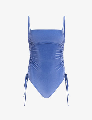 Ocean Blue Velvet Lace-Up Ruched One Piece