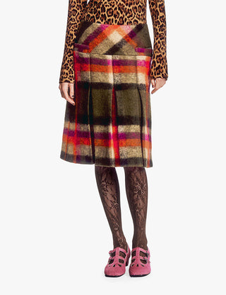 Brushed Wool Plaid Pleated Skirt