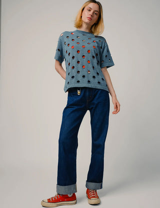 Washed Denim Cotton Bind Off Sweater Tee