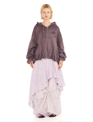 CHARCOAL DAISIES GATHERED ZIP UP HOODIE