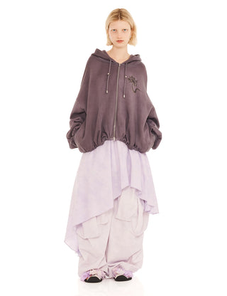 CHARCOAL DAISIES GATHERED ZIP UP HOODIE