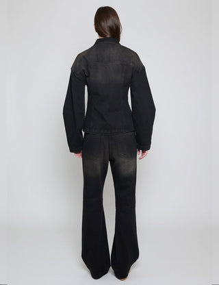 Black Brown Cinched Waist Denim Jacket