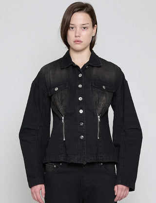 Black Brown Cinched Waist Denim Jacket