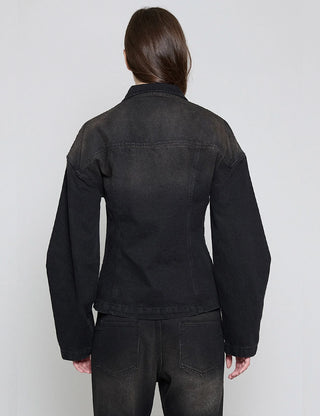 Black Brown Cinched Waist Denim Jacket
