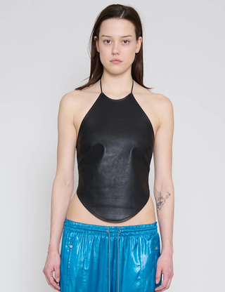 BLACK LEATHER LACE UP HALTER TOP