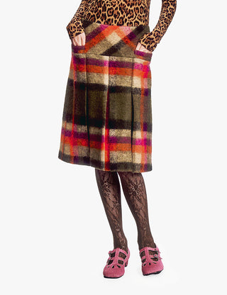 Brushed Wool Plaid Pleated Skirt