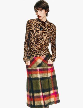 Brushed Wool Plaid Pleated Skirt