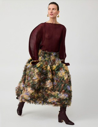 KENZA PLEATED FURRY SKIRT IN AMBER INGRID